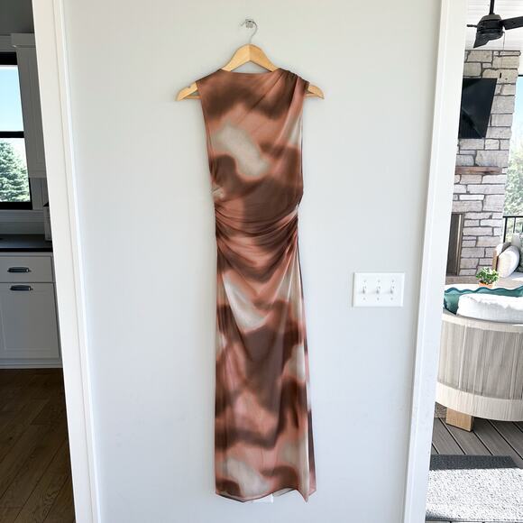 Stradivarius Mesh Marble Tie Dye Sleeveless Ruched Bodycon Maxi Dress Brown S - Picture 3 of 9